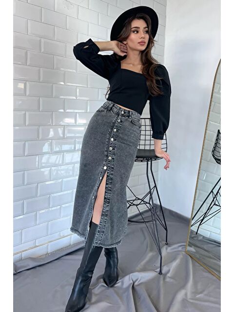 Gülseli Püsküllü Düğme Detaylı Jean Etek - S000312089-29666