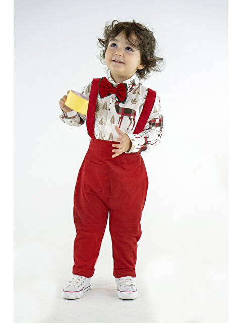 Catz Kids Yeni Yıl Kırmızı Gabardin Harem Salopet + Geyik Desen Gömlek + Papyon - S000317437-37325