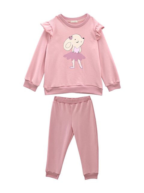 MİNİNİO Kız Bebek Baskılı Kolları Fırfır Detaylı Eşofman Takımı - Pembe - S000326141-20024