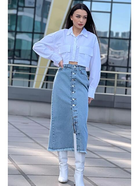 Gülseli Püsküllü Düğme Detaylı Jean Etek - S000312089-3642