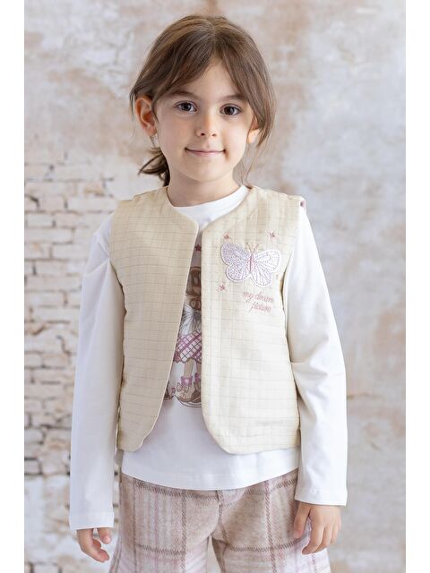 MİNİNİO Kız Bebek Nakış Ve Baskılı Şort Tişört Yelek Üçlü Takım - Bej - S000325976-19928