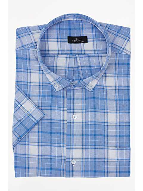 TUDORS Erkek Big Size Büyük Beden Pamuklu Düğmeli Yaka Kısa Kollu Tek Cepli Kareli Gömlek