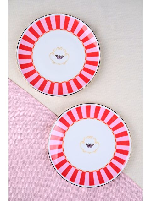 TABAK EVİ Porselen Butterfly Collection Altın Yaldızlı Pasta Tabağı Kırmızı 20,50cm 2 li - S000502976-23173