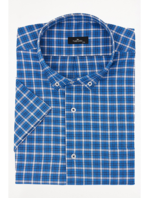 TUDORS Erkek Big Size Büyük Beden Pamuklu Düğmeli Yaka Kısa Kollu Tek Cepli Kareli Gömlek