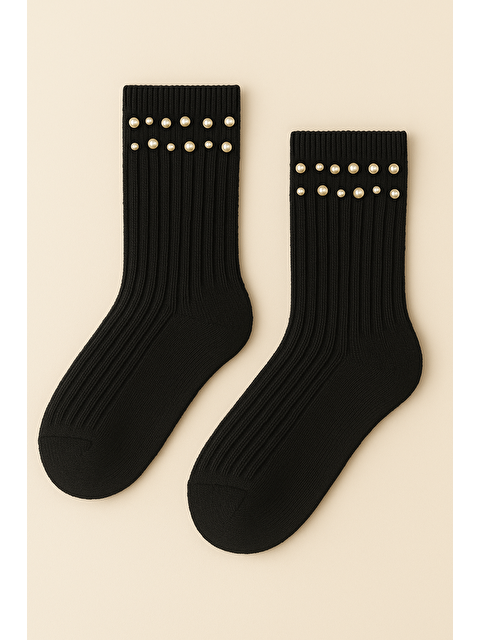 Katia And Bony Kadın İnci Aksesuarlı Fitilli Soket Çorap Siyah