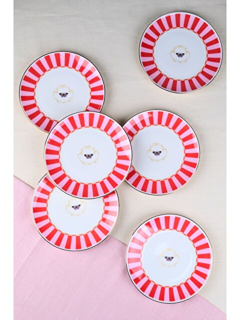 TABAK EVİ Porselen Butterfly Collection Altın Yaldızlı Pasta Tabağı Kırmızı 20,50cm 6 lı - S000502981-23173