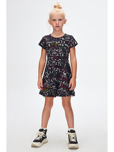 Lovetti Siyah Kız Çocuk Glasgow Desen Kısa Kol Kloşe Etek Elbise - S000287204-19351