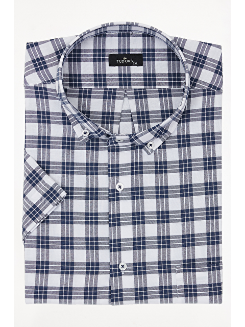 TUDORS Erkek Big Size Büyük Beden Pamuklu Düğmeli Yaka Kısa Kollu Tek Cepli Kareli Gömlek