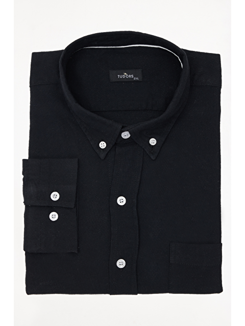TUDORS Erkek Big Size Büyük Beden Uzun Kollu %100 Pamuk Keten Doku Tek Cepli Siyah Düğmeli Yaka Gömlek