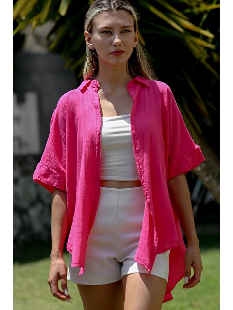 Chiccy Pembe Gömlek Yaka Kısa Kol Kapamasız Yıkamalı Dokuma Casual Pamuk Ceket - S000360003-20024
