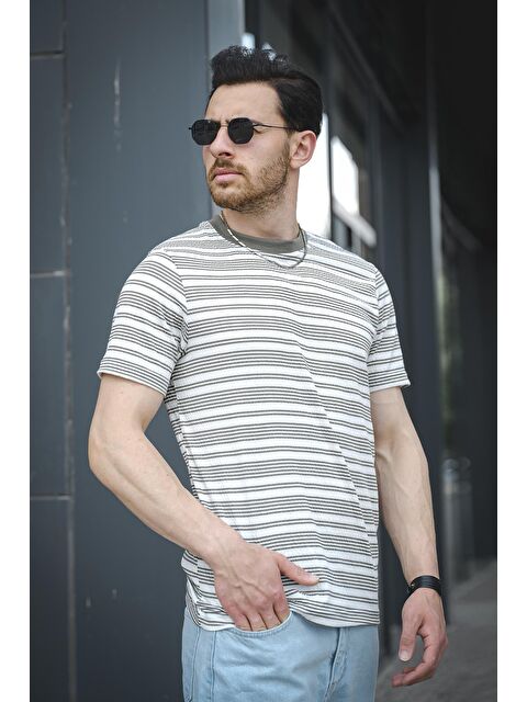 Oksit Çizgili Örme Yaka Likralı Erkek Tişört - S000125196-18547