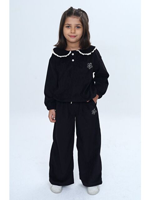 Toontoykids Kız Çocuk 2'li Takım Yakası Güpürlü Nakışlı Sweatshirt & Beli Lastikli Bol Paça Eşofman Altı - Düğüm - S000497153-19351