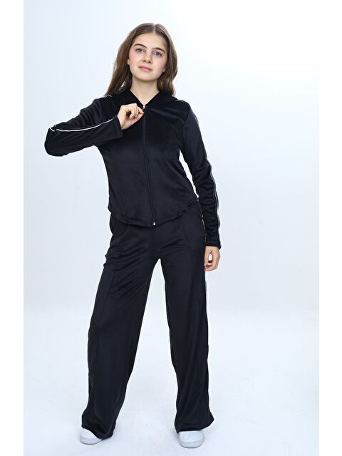 Toontoykids Kız Çocuk 2'li Takım Fermuarlı Kapüşonlu Cepli Sweatshirt & Beli Lastikli Bol Paça Cepli Eşofman Alt - S000497154-19351