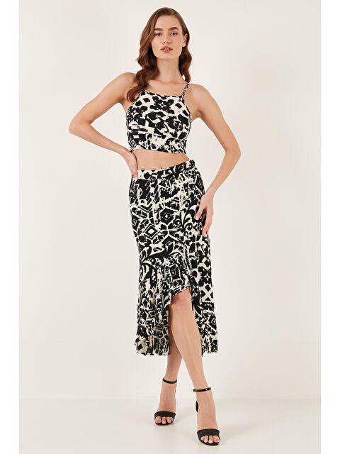 Lela Desenli Yüksek Bel Volanlı Midi Boy Yırtmaçlı Regular Fit Etek 5865724 - S000150712-19351