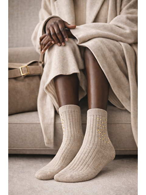 Katia And Bony Kadın Taş Aksesuarlı Fitilli Yün Soket Çorap Ekru