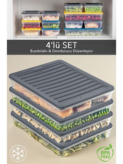 Meleni Home 4'lü Buzdolabı Organizer Mikrodalga Ve Difrize Uygun Saklama Kabı Antrasit 4 x 2400 ml - S000208700-29666
