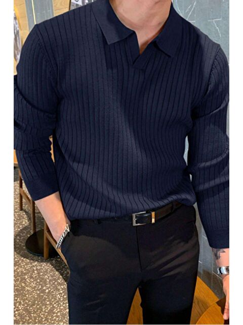 Tarz Cool Koyu Gri Erkek Polo Yaka Fitilli Triko Kazak - S000141623-21164