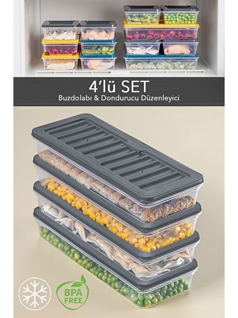 Meleni Home 4'lü Buzdolabı Organizer Mikrodalga Ve Difrize Uygun Saklama Kabı Antrasit 4 x 1170 ml - S000208703-29666