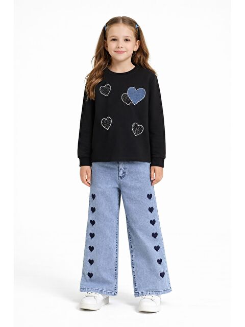 Cansın Mini Siyah Kalp Desenli Badili Jean Pantolonlu Kız Çocuk 2li Takım 23743