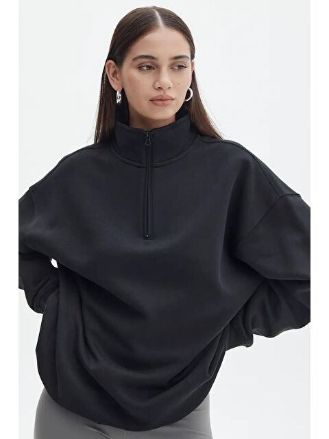 Madmext Siyah Fermuar Detaylı Oversize Sweatshirt Mg1933 - S000057314-19351