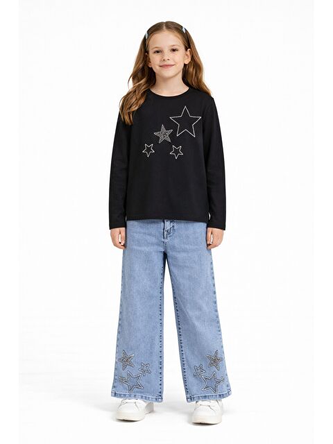 Cansın Mini Siyah Yıldız İşlemeli Badili Jean Pantolonlu Kız Çocuk 2li Takım 23741