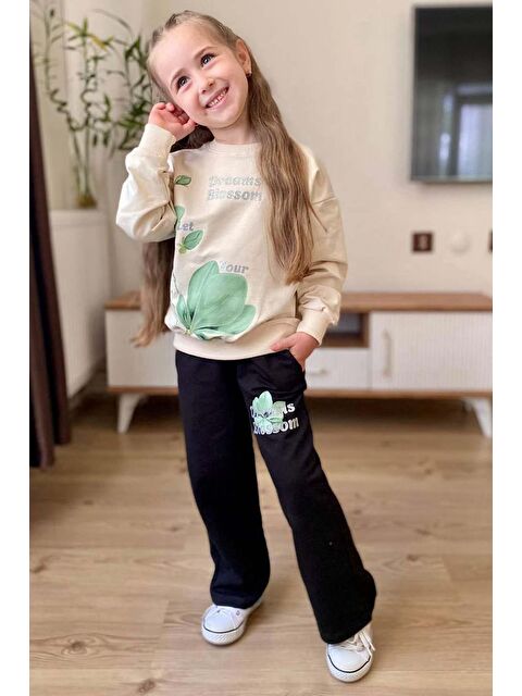 Riccotarz Kız Çocuk Lale Baskılı Kazak Yazı Detaylı Alt Eşofman Yeşil Eşofman Takım - S000281308-18194