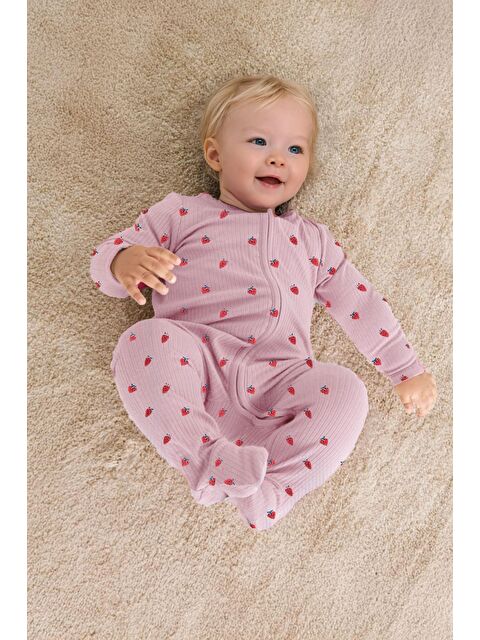 Luess Kız Bebek Mevsimlik Çilek Metraj Baskılı %100 Pamuklu  Tulum (0-3 Ay 6-9 Ay) - S000306892-20024