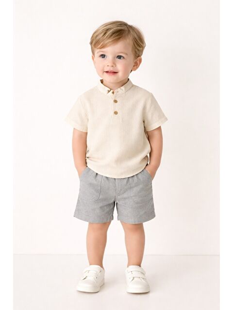 Kidex's Tarz Gömlek Çizgi Desenli Belden Ayarlanabilir Kısa Kollu Şortlu 2'li Takım