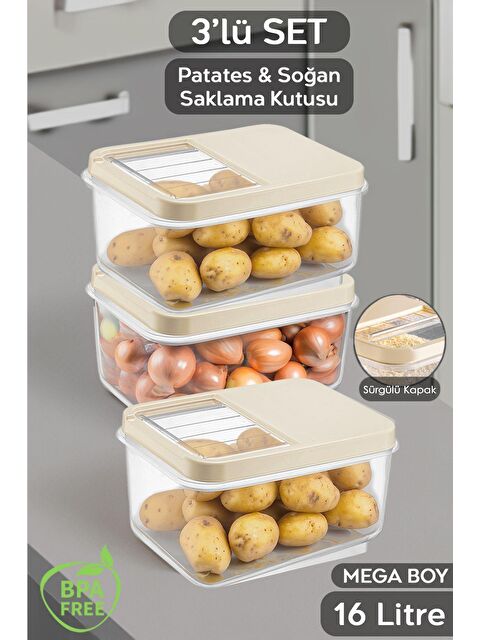 Meleni Home 3'lü 16 Litre Sürgülü Kapak Sebzelik, Patates Soğan Sebze Saklama Kabı, Erzak Saklama Kabı-krem - S000208705-19966