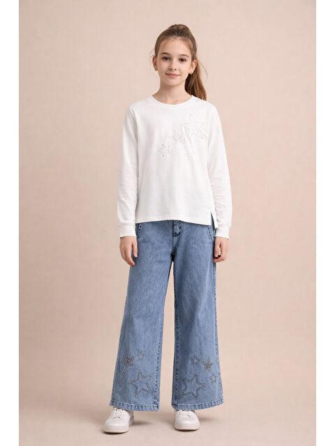 Cansın Mini Ekru Yıldız İşlemeli Badili Jean Pantolonlu Kız Çocuk 2li Takım 23742