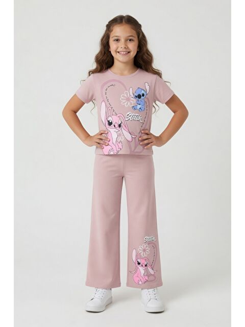 Cansın Mini Gül Kurusu Kalpli Karakter Baskılı Geniş Paça Pantolonlu Kız Çocuk 2li Takım 23809