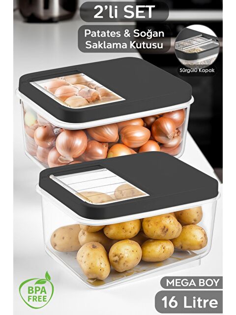 Meleni Home 2'li 16 Litre Sürgülü Kapak Sebzelik, Patates Soğan Saklama Kabı, Erzak Saklama Kabı-antrasit - S000208707-29666
