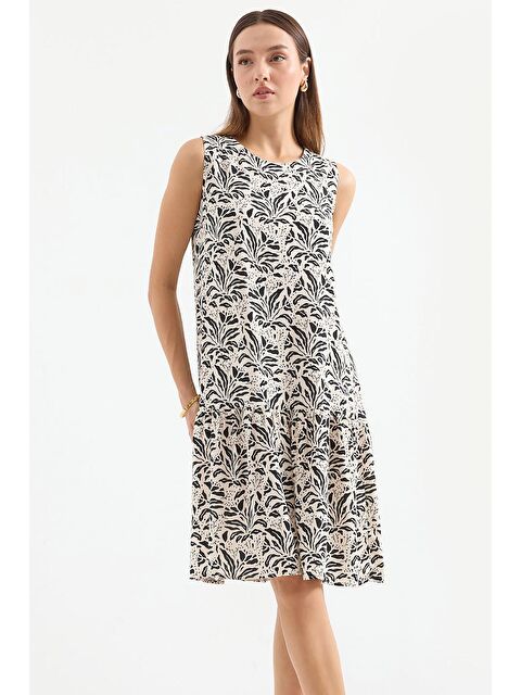 Bigdart 1962 Desenli Viskon Siyah Krem Elbise - S000237737-19351