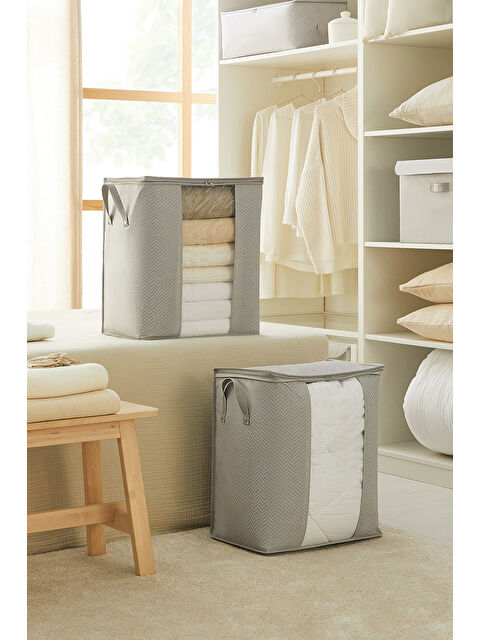 Ocean Home Textile 2'li Pvc Pencereli Gri Balıksırtı Hurç Set 45 x 30 x 50 cm - S000310951-20600