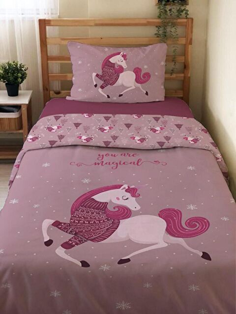 Evmila Desenli Çarşafsız 2'li Takım Baskılı Tek Kişilik Nevresim Takımı Pembe 160x220 cm - S000117413-20024