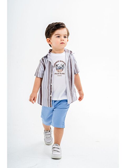 cassolını Tarz Gömlekli Çizgili Belden Ayarlanabilir Kısa Kollu Şortlu 3'lü Takım