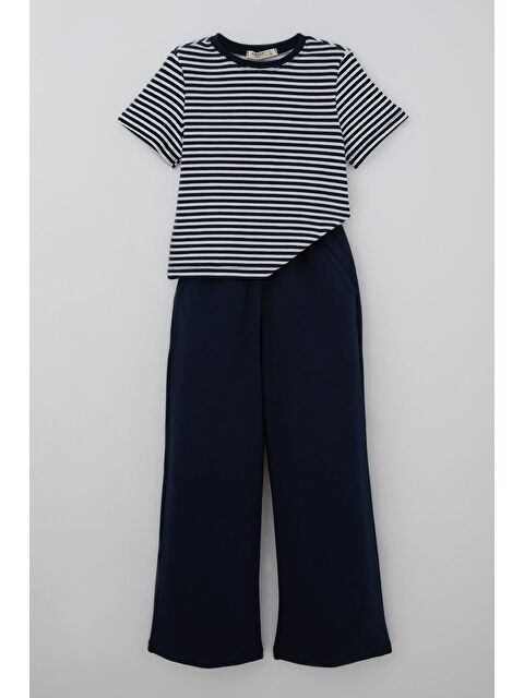 Breeze Kız Çocuk Pantolonlu Takım Arma Detaylı Pantolonu Fiyonk Aksesuarlı Lacivert (6-12 Yaş)