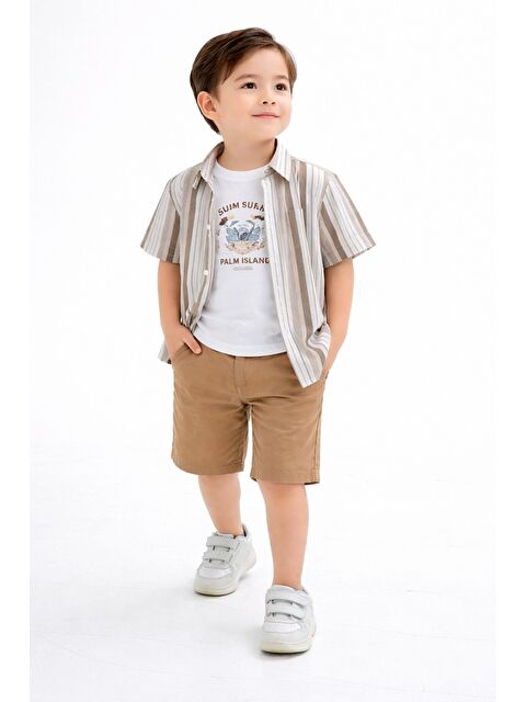 cassolını Tarz Gömlekli Çizgili Belden Ayarlanabilir Kısa Kollu Şortlu 3'lü Takım