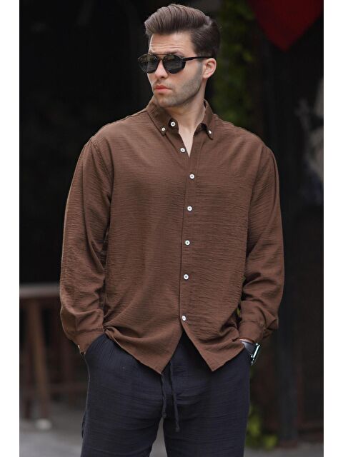 Madmext Kahverengi Uzun Kollu Oversize Erkek %100 Pamuk Gömlek 6735 - S000156755-19413