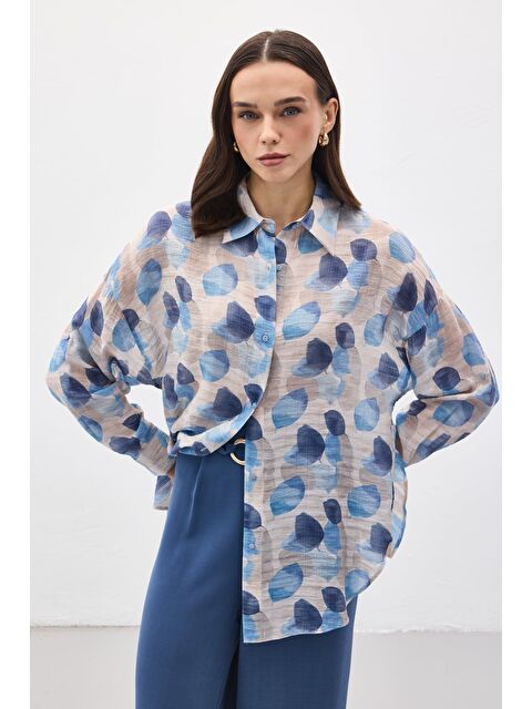 SATEEN Kolu Katlamalı İnce Gömlek - Mavi - S000530551-17234