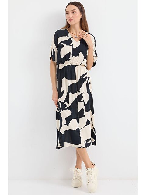 Bigdart 2511 Beli Lastikli Desenli Elbise - Siyah - S000244342-19351