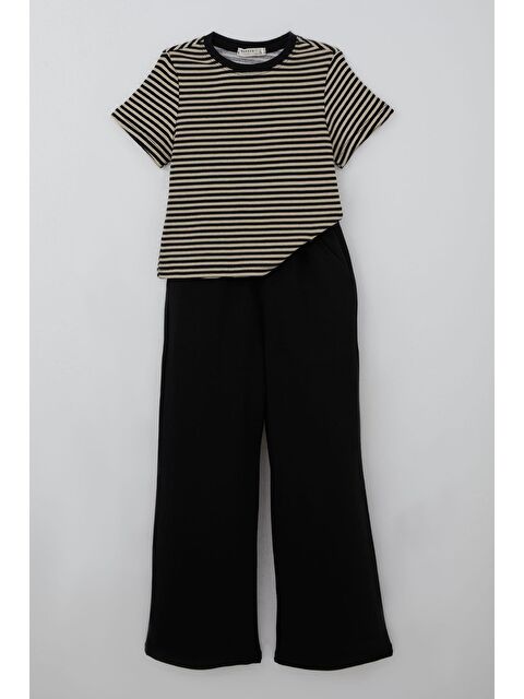 Breeze Kız Çocuk Pantolonlu Takım Arma Detaylı Pantolonu Fiyonk Aksesuarlı Siyah (6-12 Yaş)