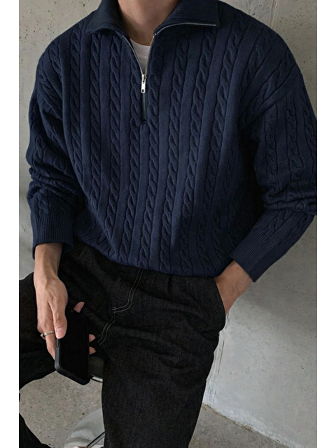 Tarz Cool Erkek Lacivert Yarım Fermuarlı Saç Örgü Triko Kazak - S000503010-21164