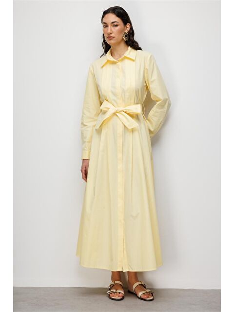 Mizalle Premium Saf Pamuk Sarı Piliseli Uzun Elbise - S000530552-20072