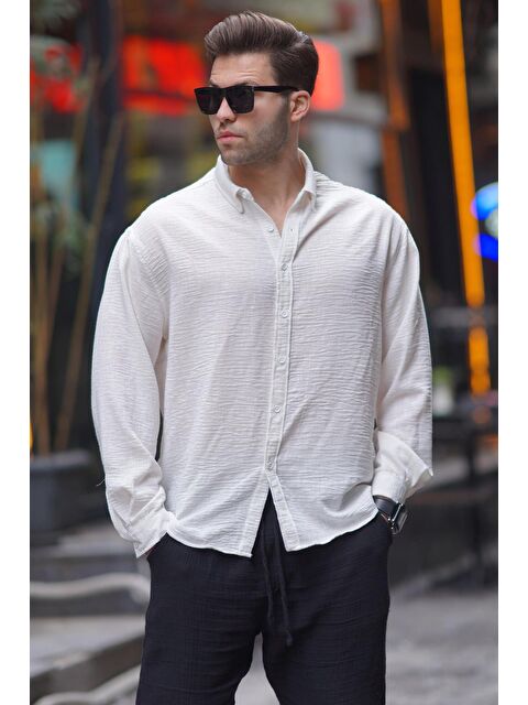 Madmext Ekru Uzun Kollu Oversize Erkek %100 Pamuk Gömlek 6735 - S000156755-19965