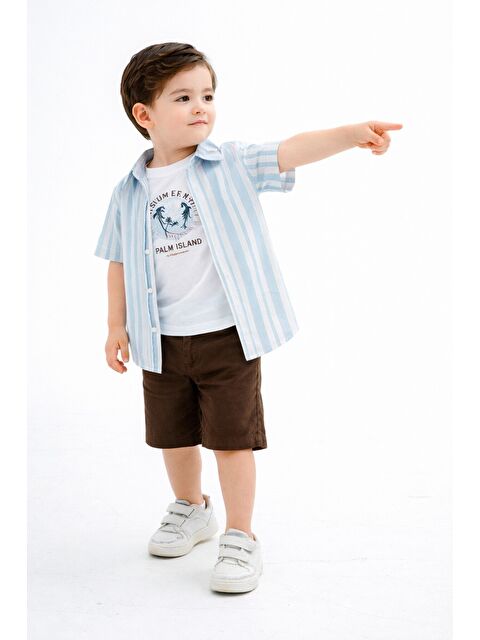 cassolını Tarz Gömlekli Çizgili Belden Ayarlanabilir Kısa Kollu Şortlu 3'lü Takım