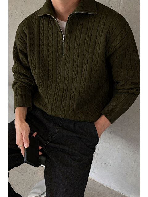 Tarz Cool Erkek Haki Yarım Fermuarlı Saç Örgü Triko Kazak - S000503010-18547