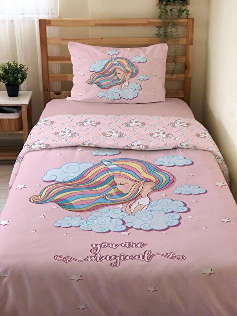 Evmila Prenses Kız Desenli Çarşafsız 2'li Takım Baskılı Tek Kişilik Nevresim Takımı Pembe 160x220 cm - S000117415-20024