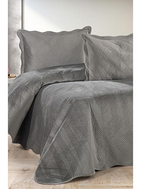 Çeyiz Diyarı Gona Lüks Kadife Çift Kişilik Yatak Örtüsü Gri