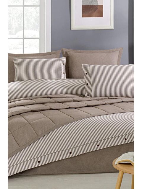 Çeyiz Diyarı Pasioni 7 Parça %100 Pamuk Çift Kişilik Yatak Örtülü Nevresim Takımı Bej